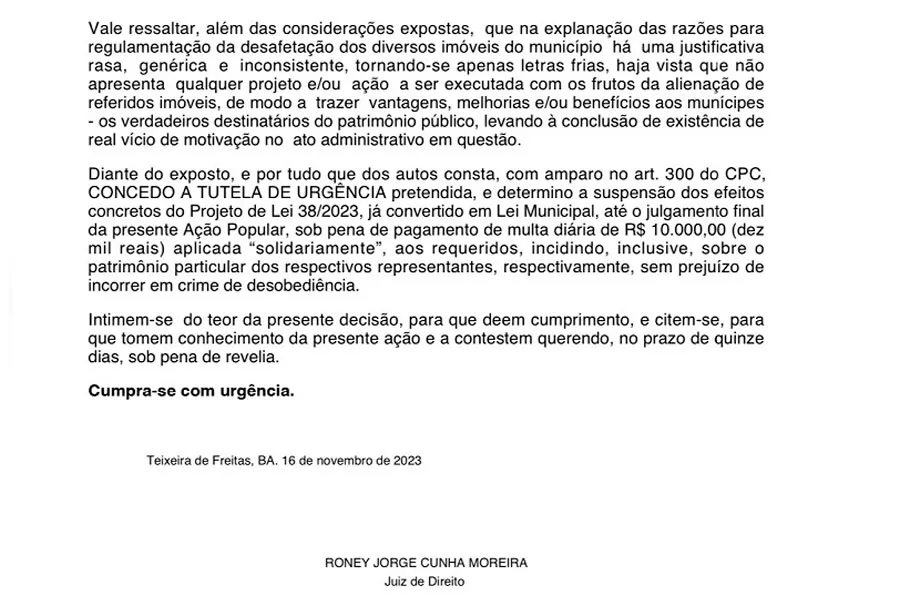 PL 038/2023: Justiça suspende lei que autoriza venda de imóveis públicos em Teixeira de Freitas