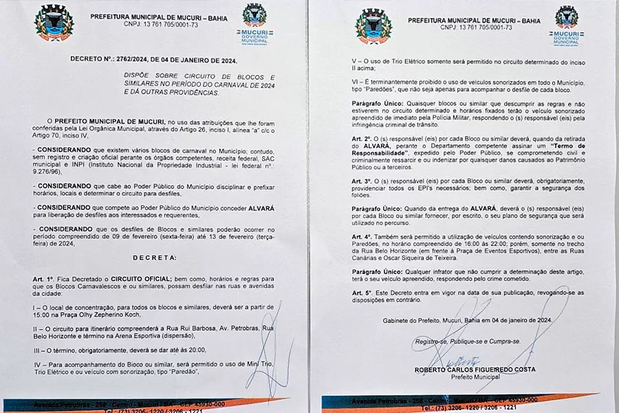 Conheça todos os Decretos que vão regulamentar o Carnaval 2024 em Mucuri
