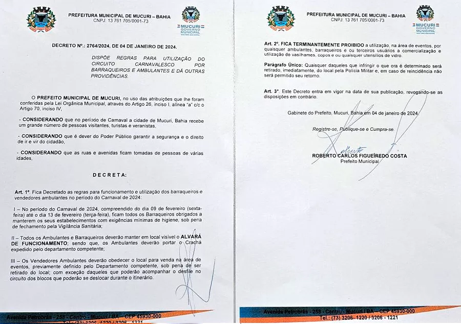 Conheça todos os Decretos que vão regulamentar o Carnaval 2024 em Mucuri