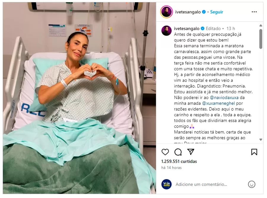 Após ironizar o apocalipse, Ivete Sangalo é internada com pneumonia Após ironizar o apocalipse, Ivete Sangalo é internada com pneumonia