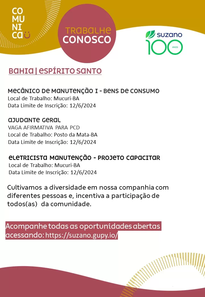 Suzano abre novas vagas de emprego em Mucuri, Posto da Mata e São Mateus
