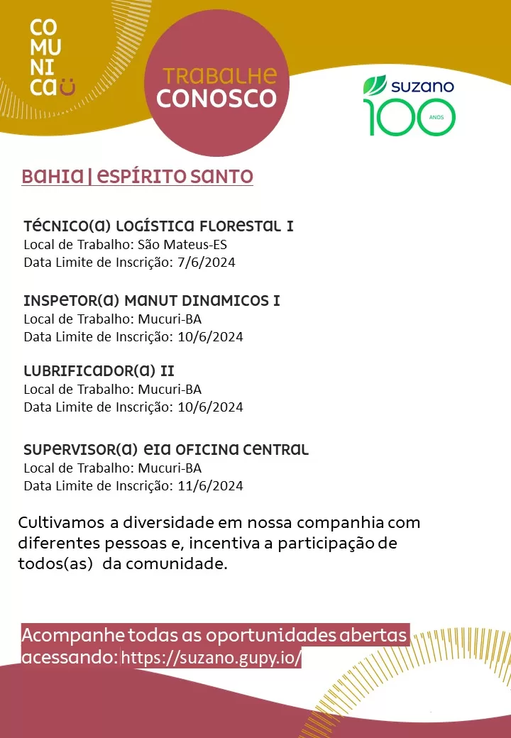 Suzano abre novas vagas de emprego em Mucuri, Posto da Mata e São Mateus