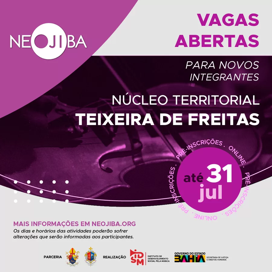 Núcleo do NEOJIBA em Teixeira de Freitas oferece 64 vagas gratuitas para crianças e adolescentes