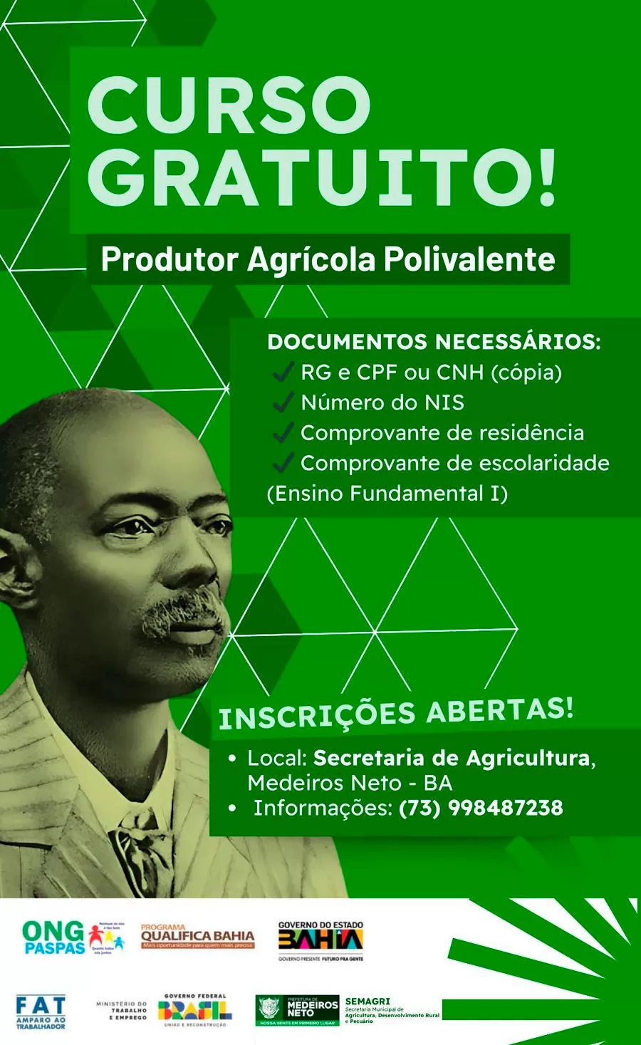 Curso gratuito de Produtor Agrícola Polivalente é oferecido em Medeiros Neto