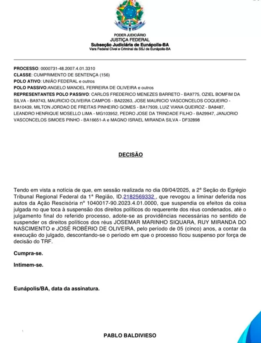 Justiça Federal decreta afastamento do Prefeito de Eunápolis, Robério Oliveira