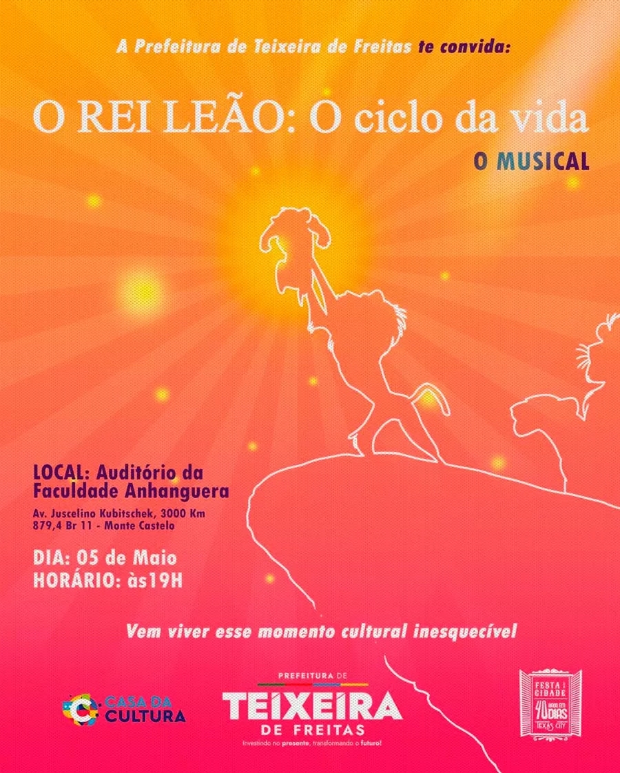 ‘40 Anos em 40 Dias’: Prefeitura celebrará a cultura e talento local com espetáculo 'O Rei Leão' ‘40 Anos em 40 Dias’: Prefeitura celebrará a cultura e talento local com espetáculo 'O Rei Leão'