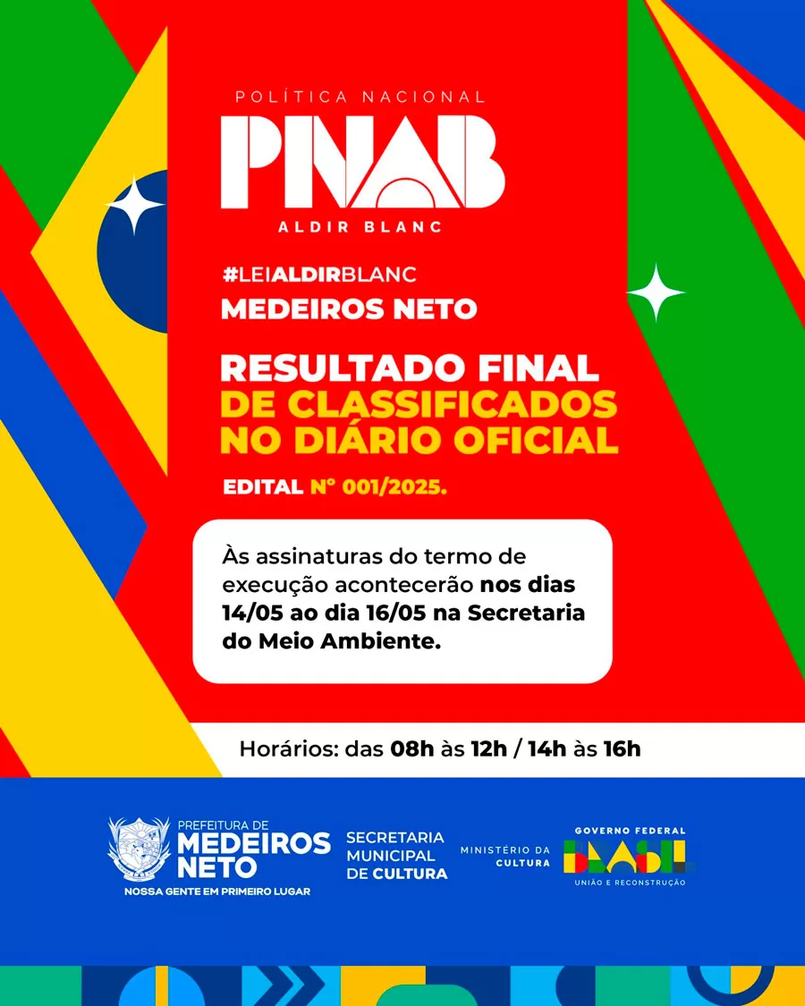 Prefeitura de Medeiros Neto publica resultados da Política Nacional de Apoio à Cultura 2025