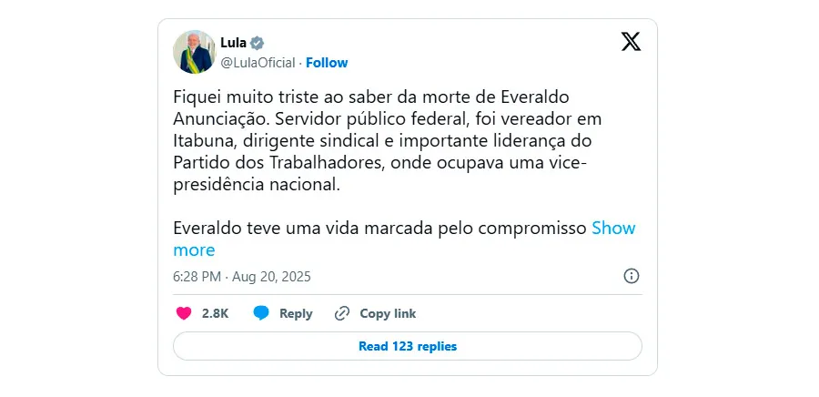 Everaldo Anunciação, vice-presidente do PT, morre aos 65 anos