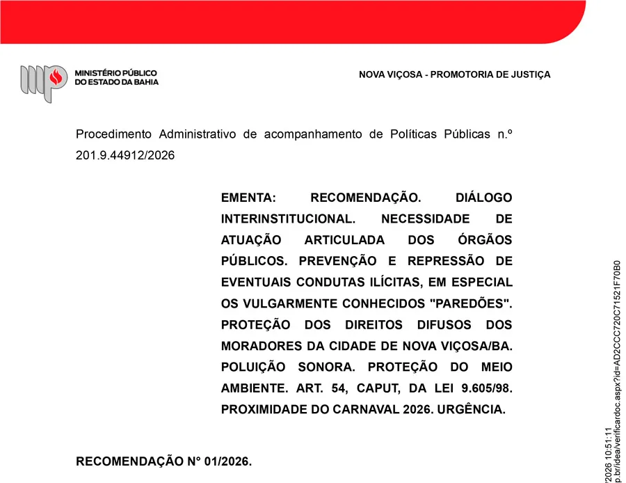 MP recomenda medidas rígidas contra “paredões” e poluição sonora no Carnaval 2026 em Nova Viçosa