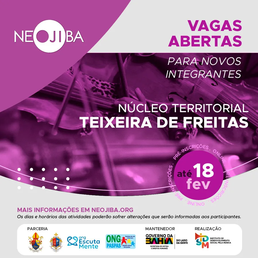 Programa NEOJIBA oferece 99 vagas para crianças e adolescentes em Teixeira de Freitas