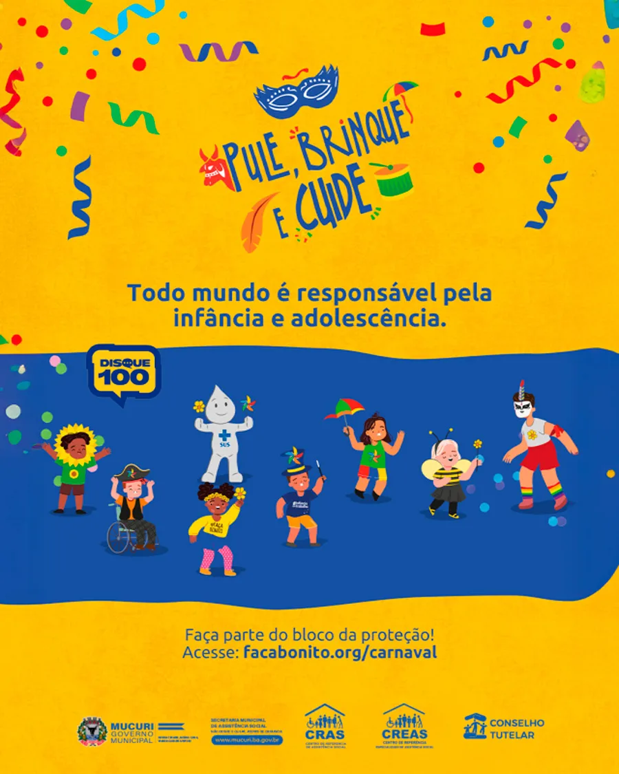 Mucuri lança campanha “Pule, Brinque e Cuide” para proteção de crianças e adolescentes no Carnaval 2026