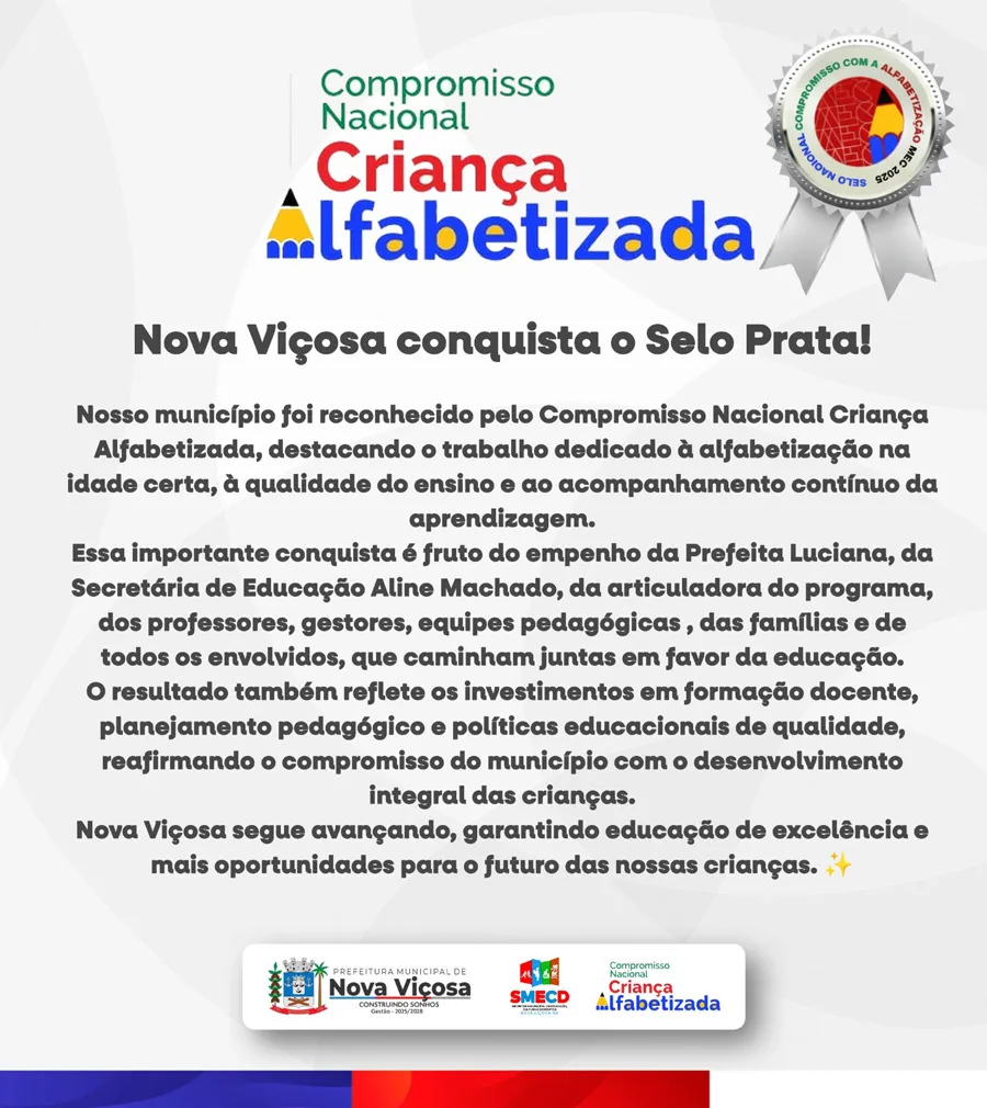 Nova Viçosa conquista Selo Prata e reforça compromisso com a alfabetização