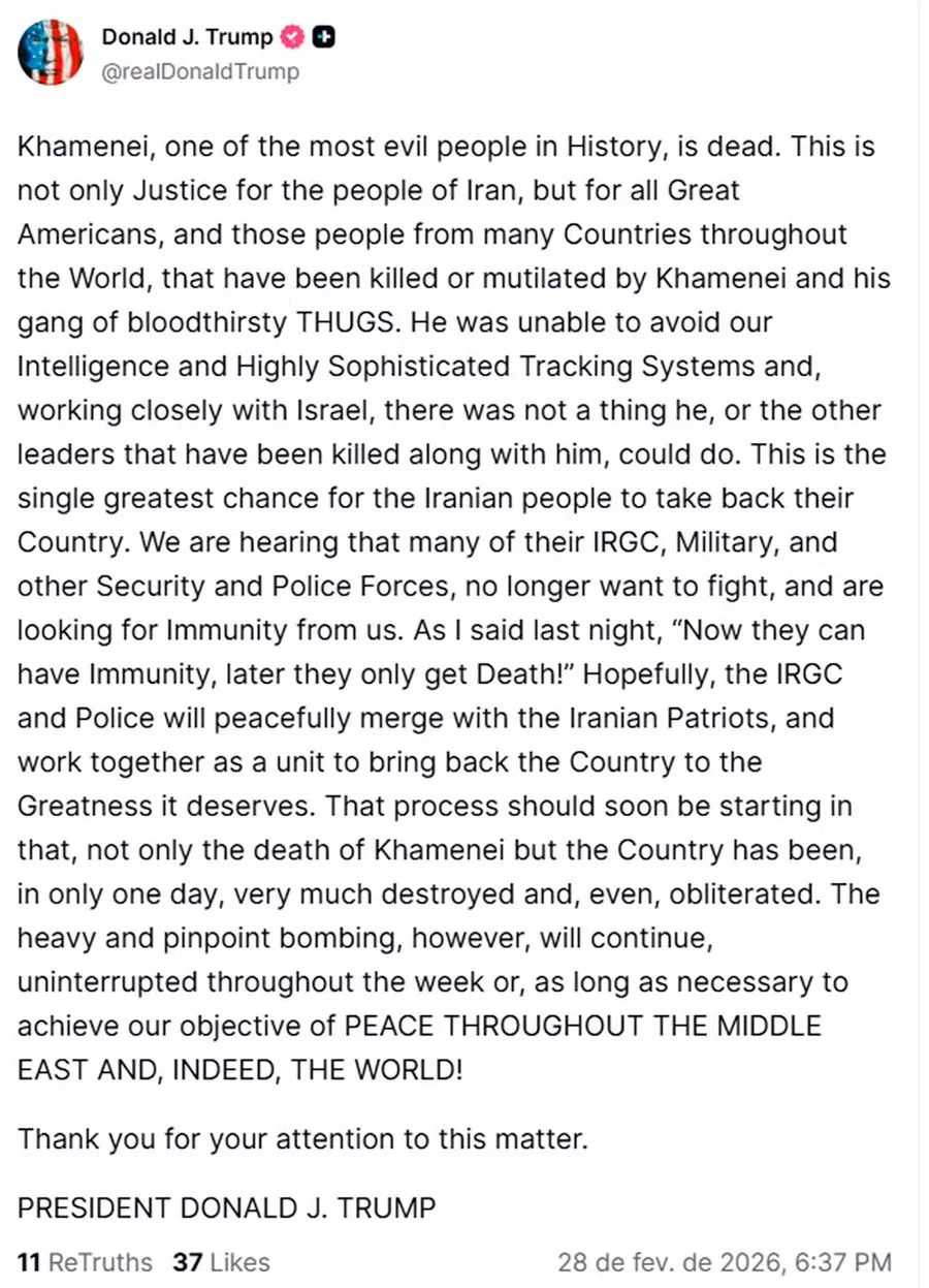 Trump diz que Ali Khamenei, líder supremo do Irã, está morto