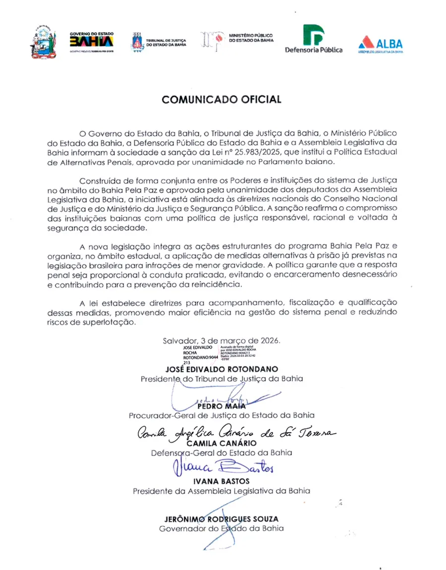 Bahia institui Política Estadual de Alternativas Penais no âmbito do Bahia Pela Paz