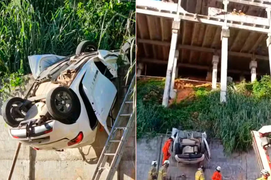 Adolescente fica preso às ferragens após carro cair de altura de 17 metros em Salvador