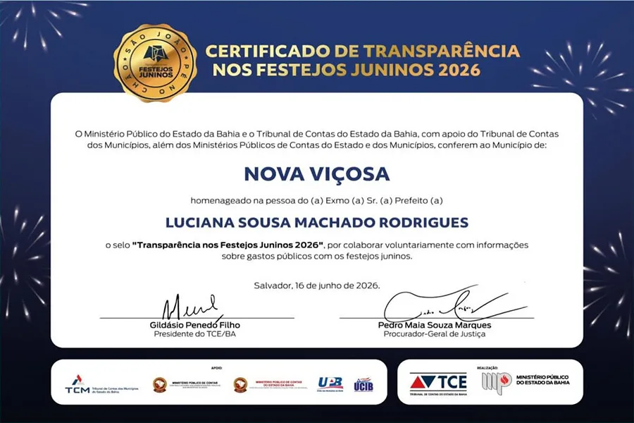 Nova Viçosa conquista reconhecimento estadual por transparência nos festejos juninos de 2026
