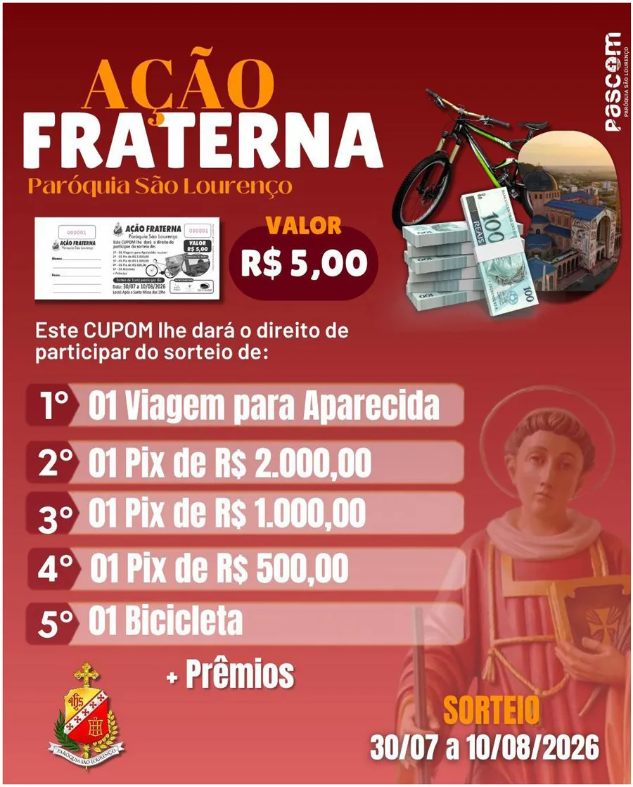 Ação Fraterna da Paróquia São Lourenço vai sortear viagem para Aparecida, prêmios em dinheiro e uma bicicleta