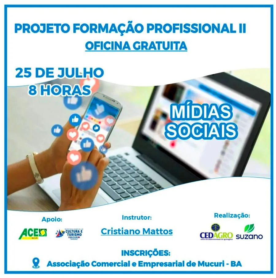 Oficina gratuita de Mídias Sociais abre inscrições em Mucuri para quem deseja fortalecer a presença digital