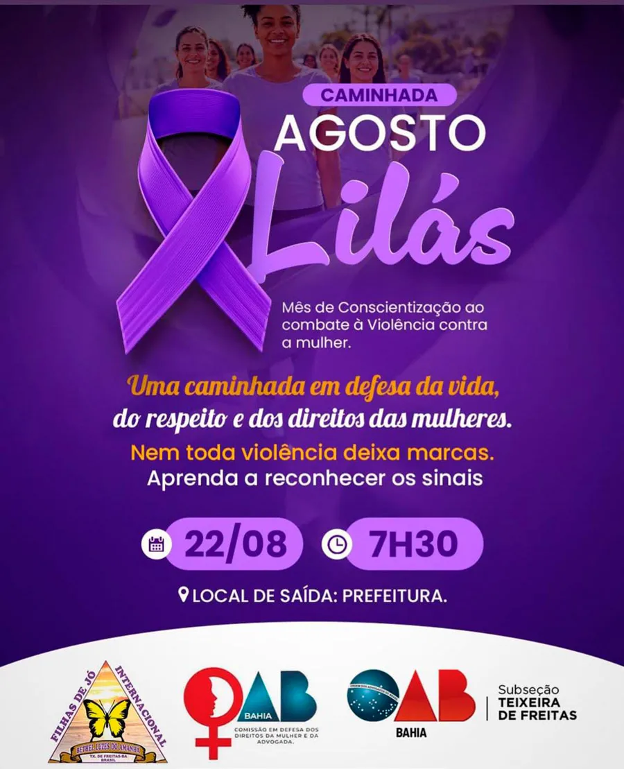 Agosto Lilás: OAB convoca população para caminhada de conscientização contra a violência à mulher