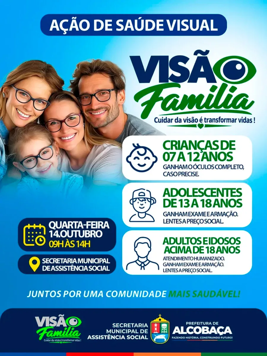 Alcobaça promove Ação com exames gratuitos e óculos para crianças; adultos também terão benefícios